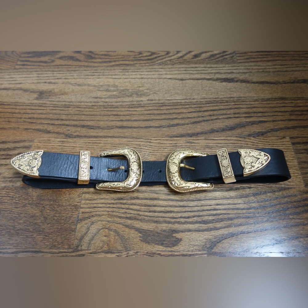 B-Low the Belt Black and Gold Double Buckle Belt
